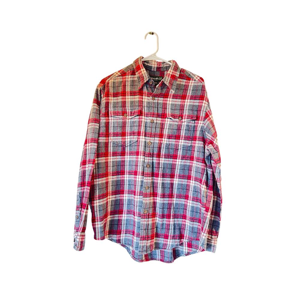 Eddie Bauer Men’s Large Red Gray Plaid Flannel Shirt 100% Cotton Long Sleeve